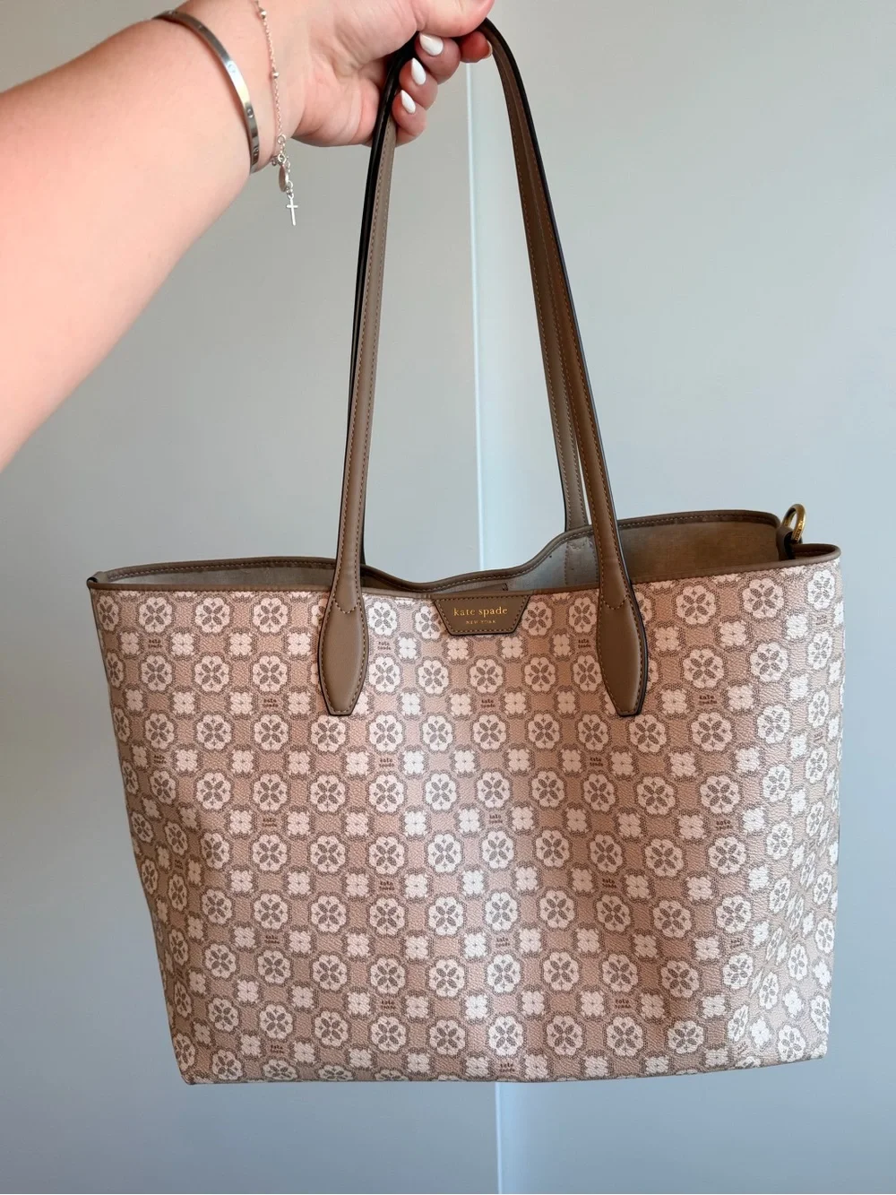 kate spade Beige Floral-Patterned Tote with Brown Trim